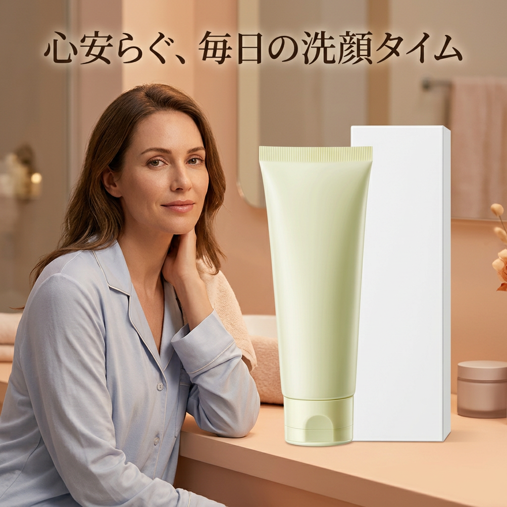 くつろぎの空間に女性モデルと洗顔チューブを配置したイメージ