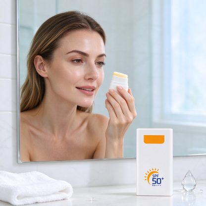 忙しい日の外出前に、手軽に紫外線対策を。SPF50+ 日焼け止めスティック｜太陽のようなオレンジと清潔感のあるホワイトで彩る、毎日のUVケア習慣