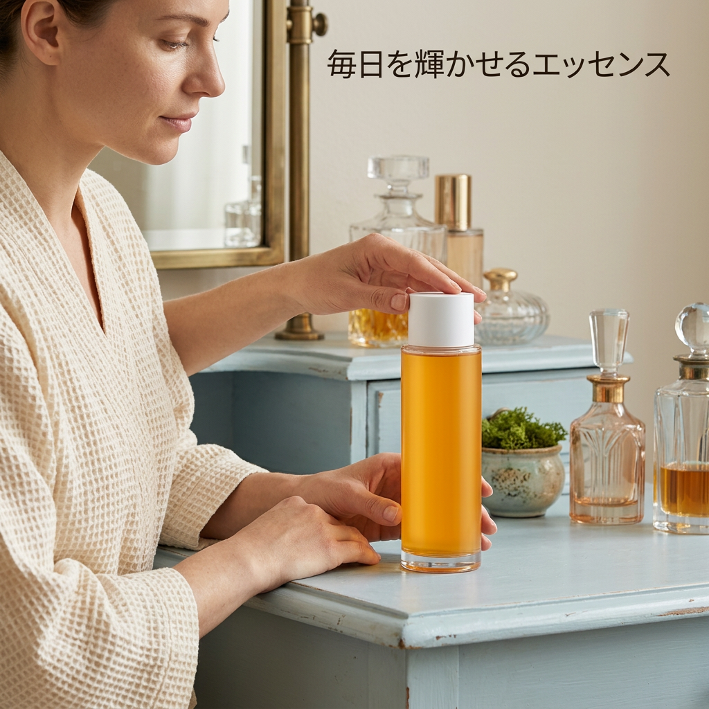明るい洗面台で女性モデルがボトルを持つイメージ