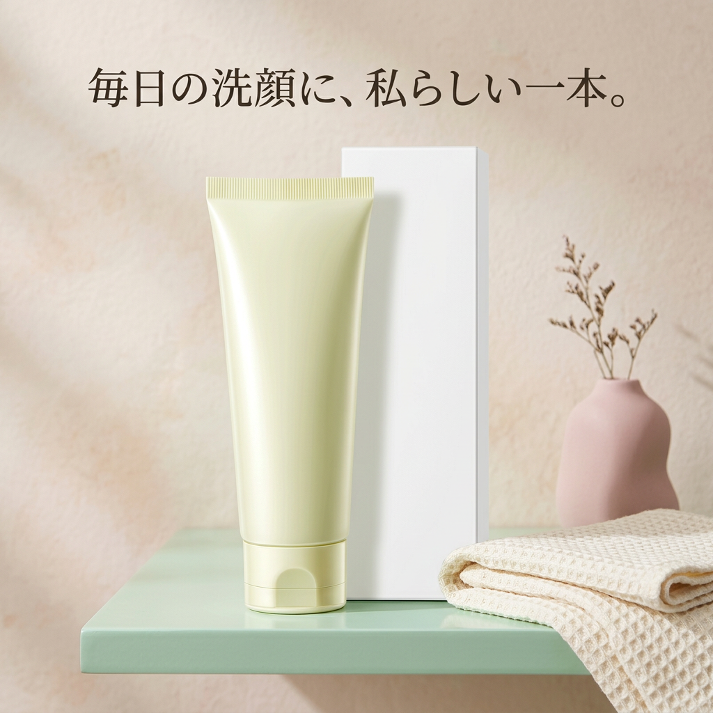 ミント色の棚とタオルを添えた洗顔料の画像